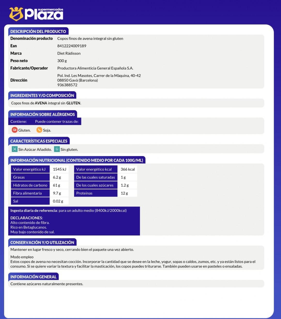 COPOS FINOS DE AVENA INTEGRAL SIN GLUTEN , 300G DIAT RADISSO