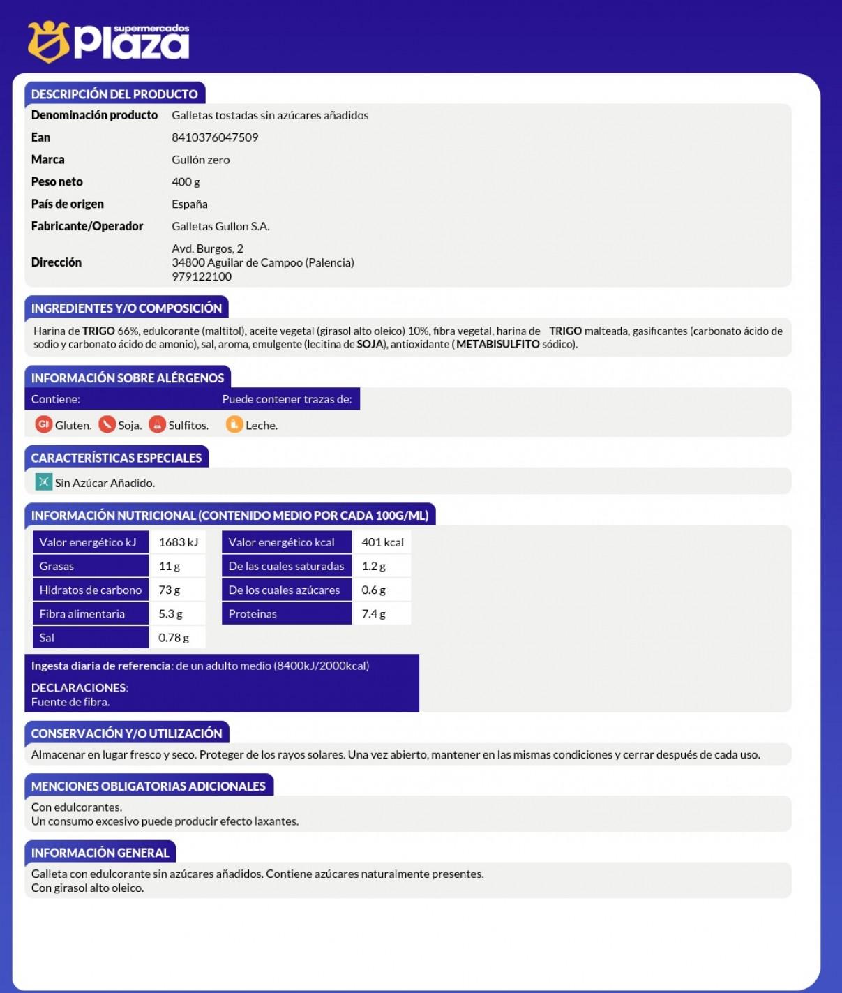 GALLETAS TOSTADA ZERO, 350G GULLON