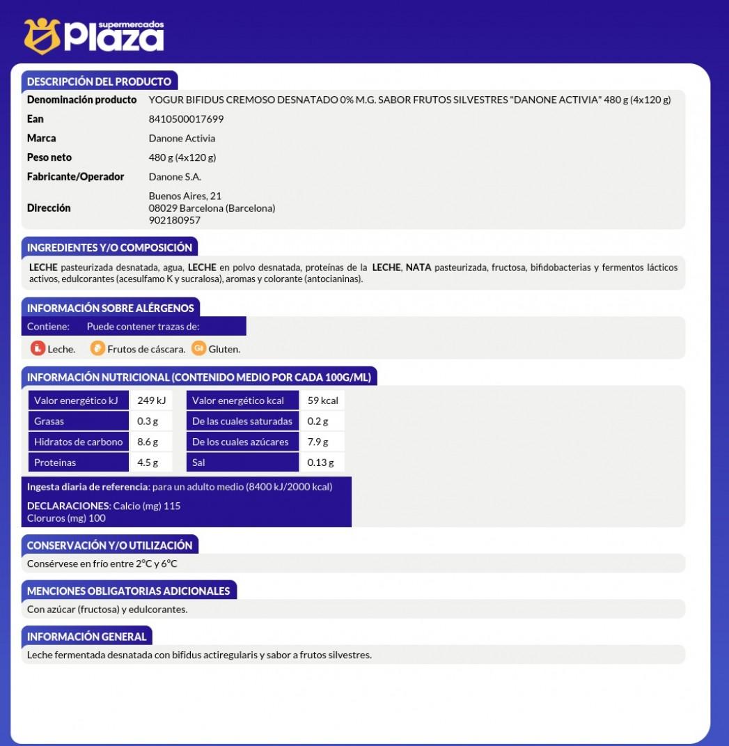 ACTIVIA CREMOSO 0% FR. SILVESTRE, 4X120G
