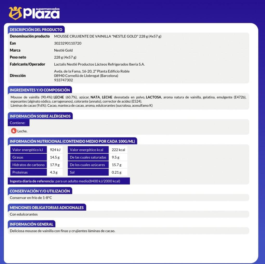 MOUSSE CRUJIENTE DE VAINILLA, 4X57GR LA LECHERA