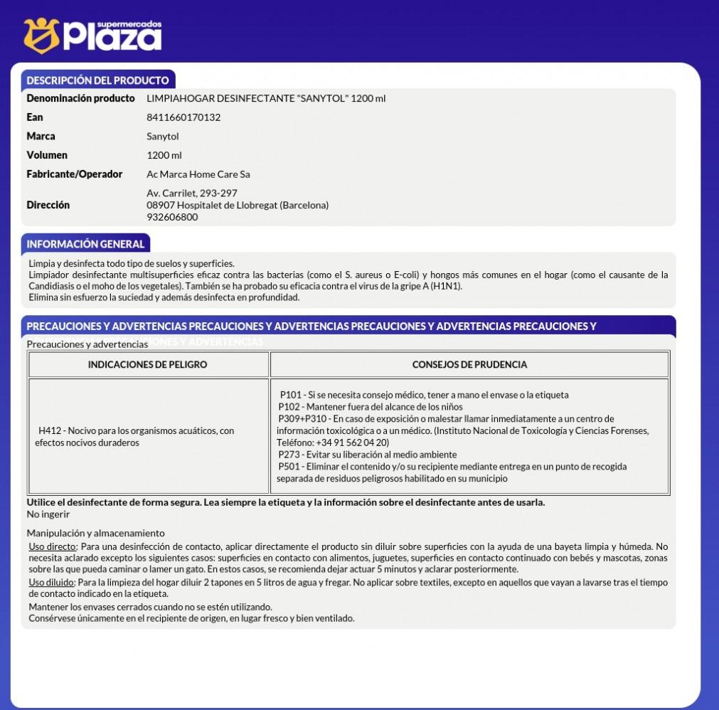 LIMPIADOR DESINFECTANTE SIN LEJIA PH NEUTRO , 1200ML SANYTOL