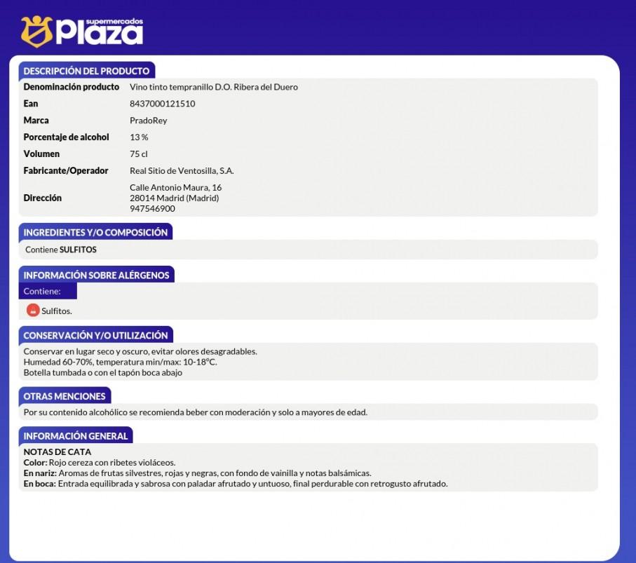 VINO TINTO ROBLE D.O. RIB.DUERO, 750ML PRADO REY