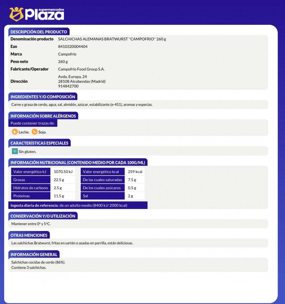 SALCHICHAS BRATSWURT, 260G CAMPOFRIO