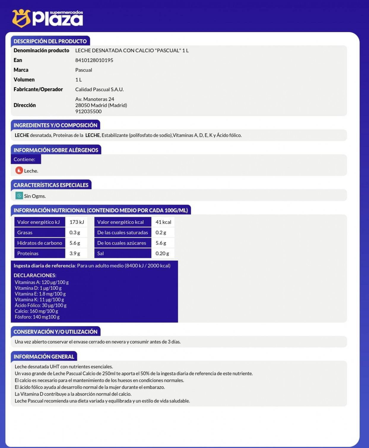 LECHE DESNATADA CON CALCIO, 1L PASCUAL