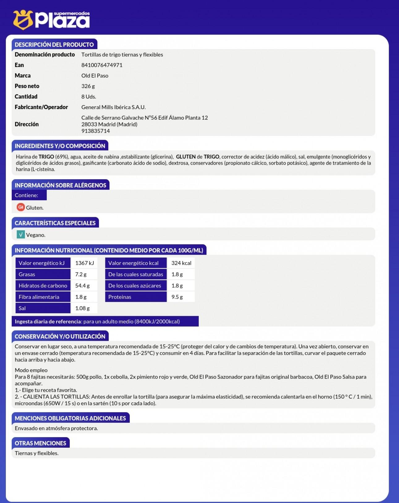 TORTILLAS DE TRIGO, 326GR OLD EL PASO