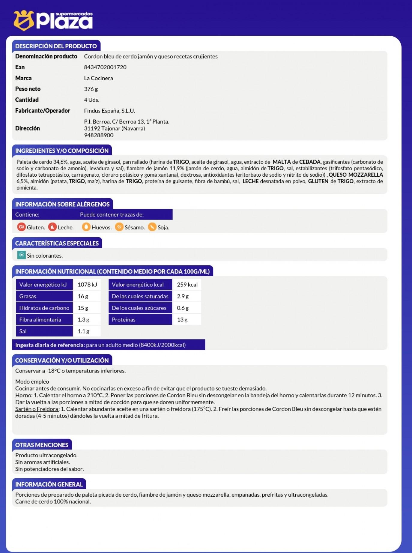 CORDON BLEU 376G LA COCINERA LA COCINERA