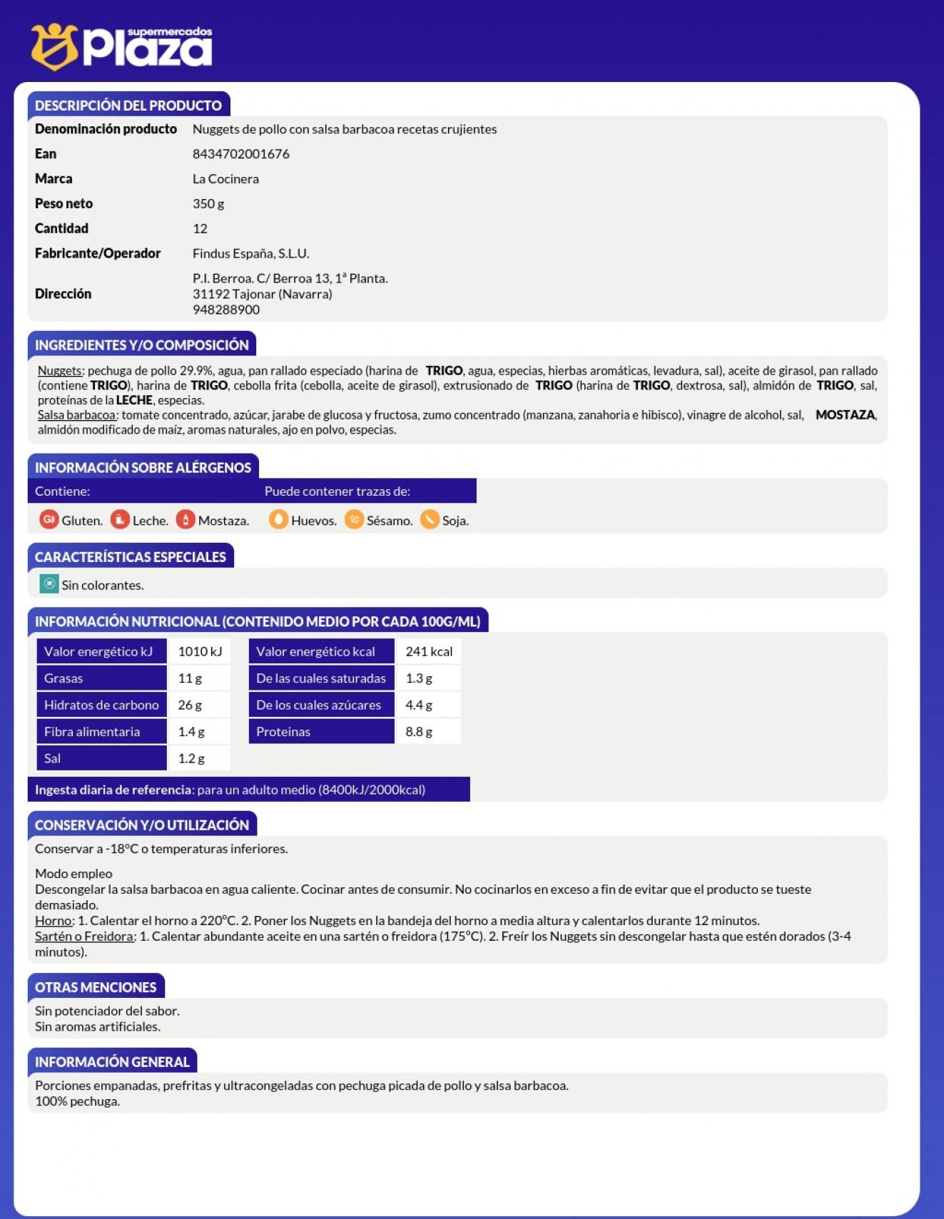 NUGGETS DE POLLO CON SALSA BARBACOA, 350G LA COCINERA