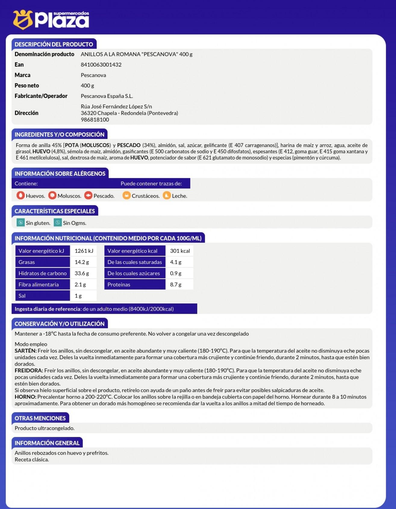 ANILLOS A LA ROMANA SIN GLUTEN , 400G PESCANOVA