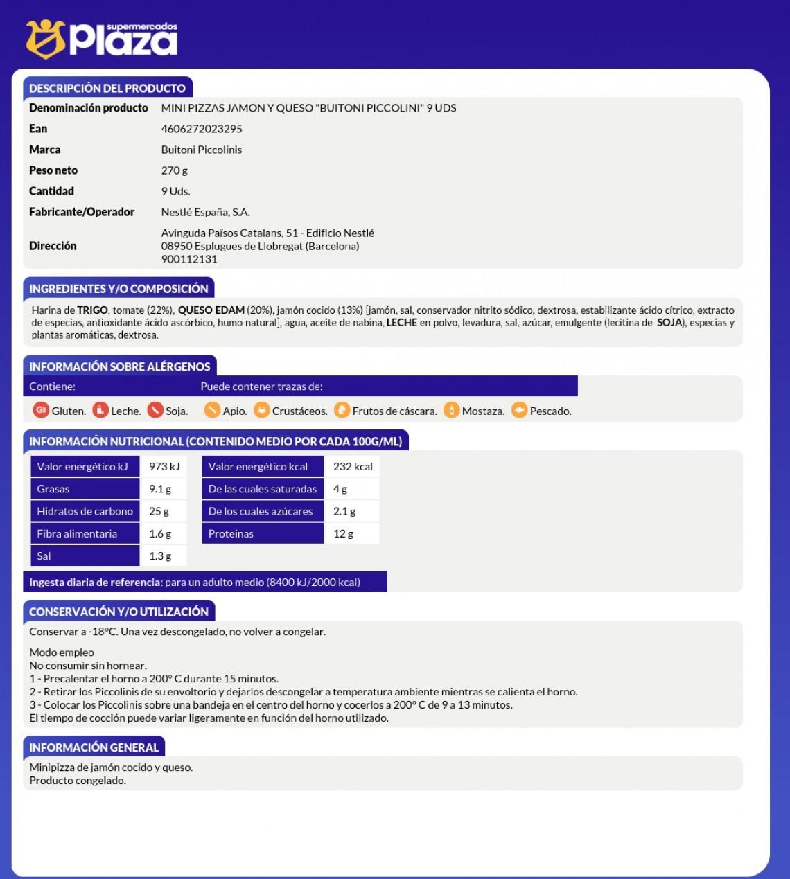 MINI PIZZAS JAMON Y QUESO, 9*30 D (9*30GR) BUITONI