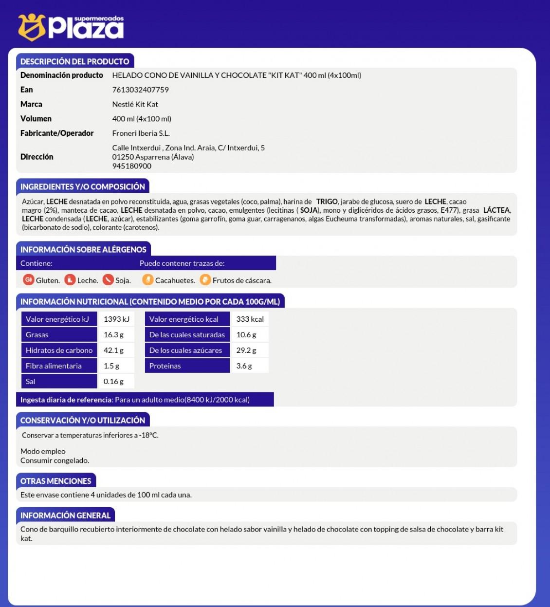 CONO HELADO KIT KAT 4X100 HELADOS NESTLE