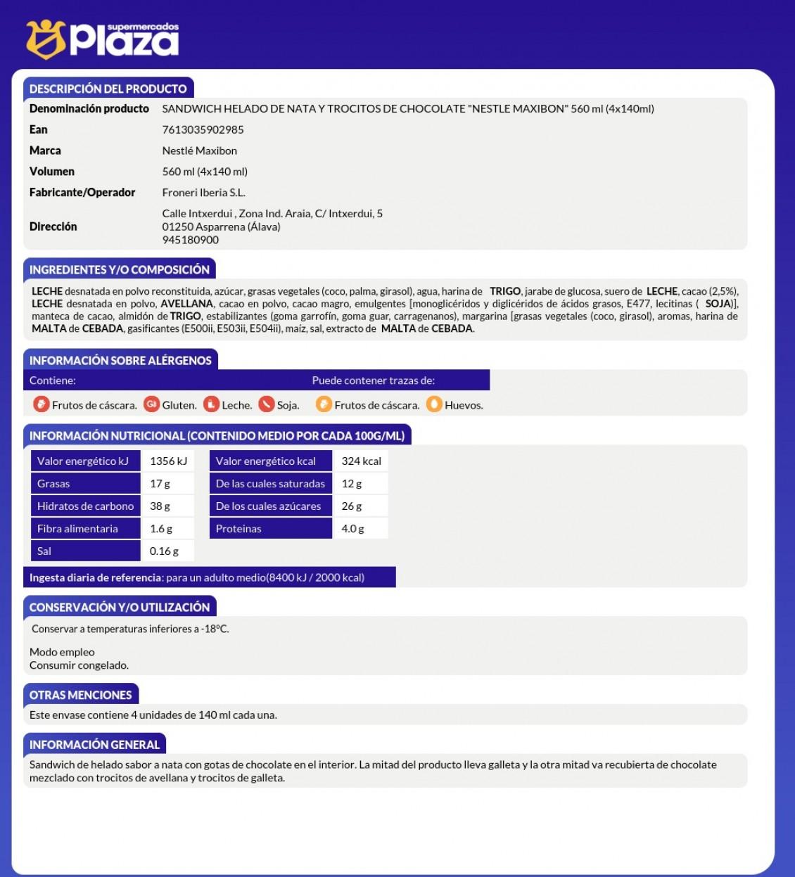 HELADO SANDWICH DE NATA Y TROCITOS DE CHOCOLATE, 4UD NESTLE