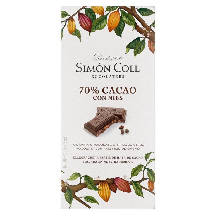 CHOCOLATE 70% CACAO CON NIBS, 85G SIMON COLL