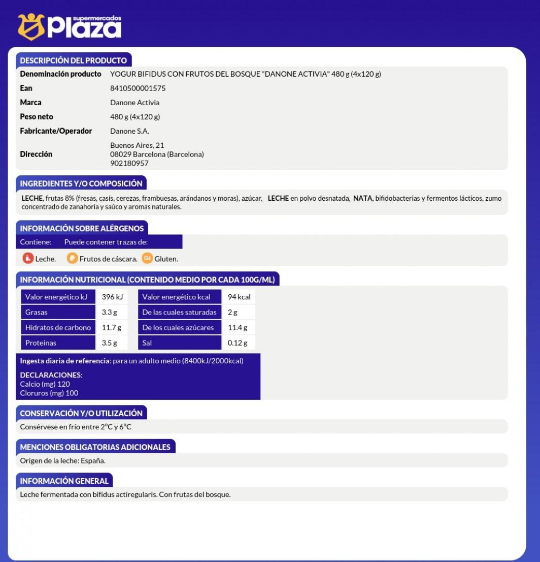 YOGUR ACTIVIA CON FRUTAS BOSQUE, 4X120G DANONE