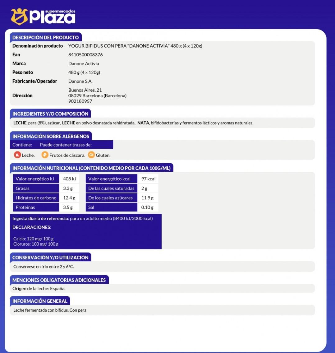 YOGUR ACTIVIA CON PERA, 4X120GR DANONE