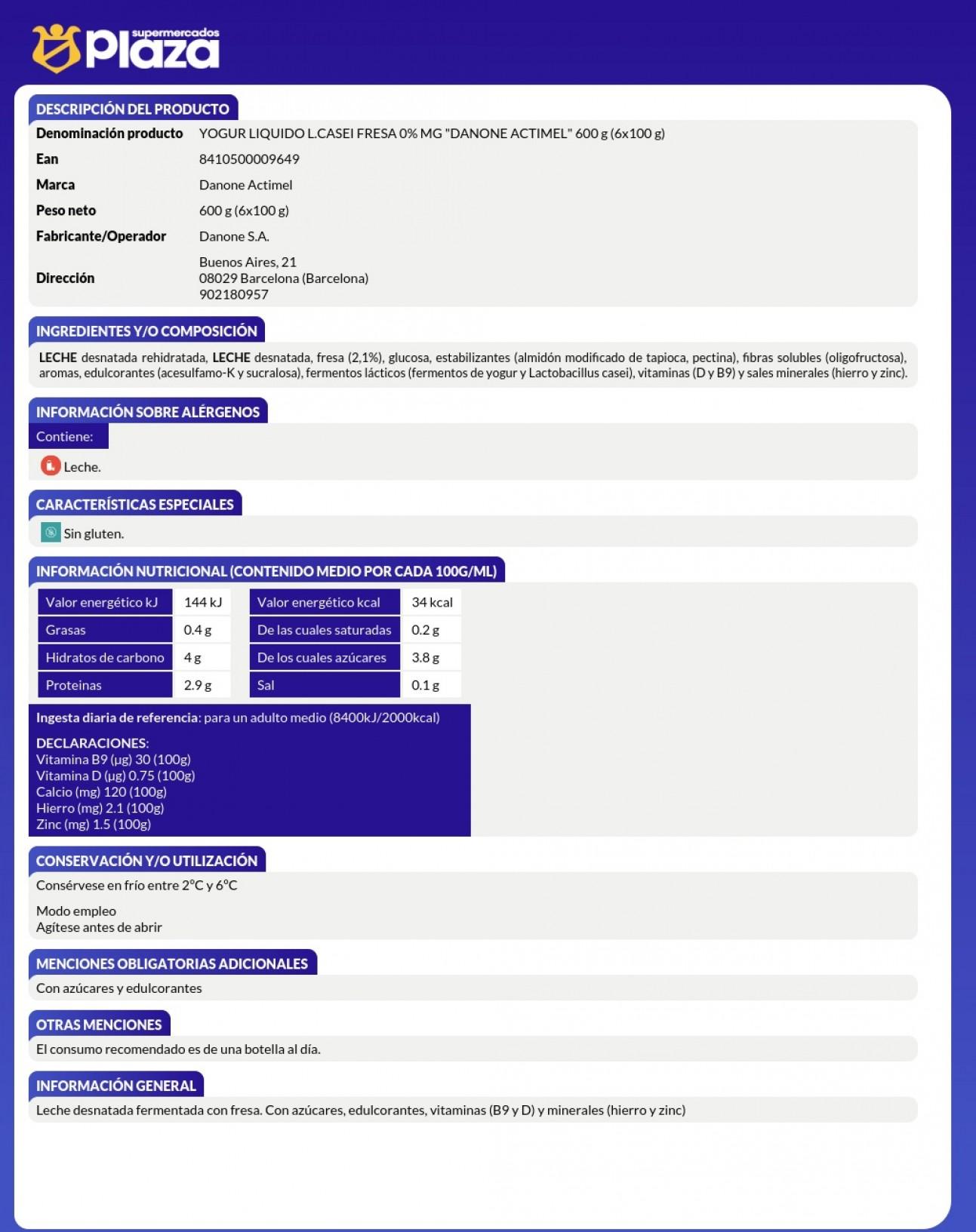 YOGUR ACTIMEL 0% FRESA, 6X100ML DANONE