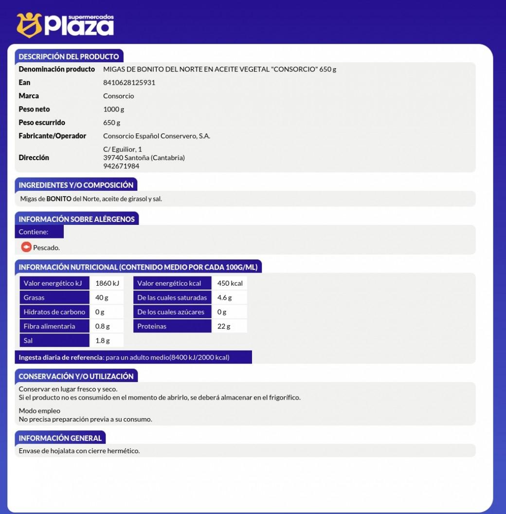 MIGAS DE BONITO DEL NORTE EN ACEITE GIRASOL, 695GR CONSORCIO