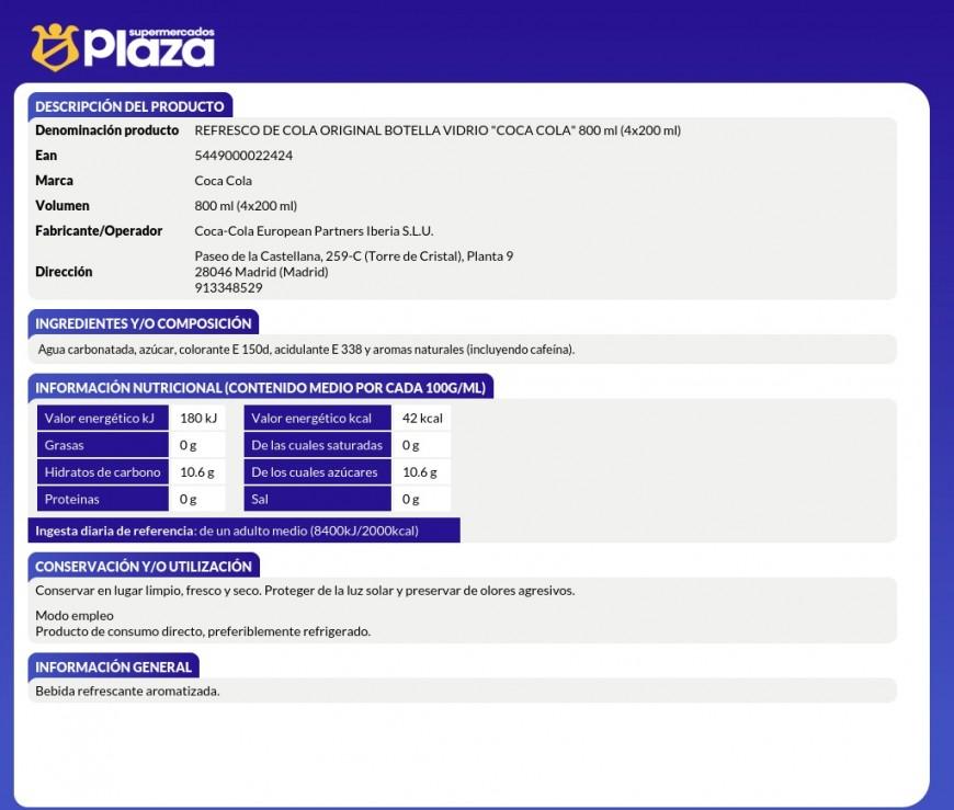 REFRESCO DE COLA, 4X200ML COCA COLA