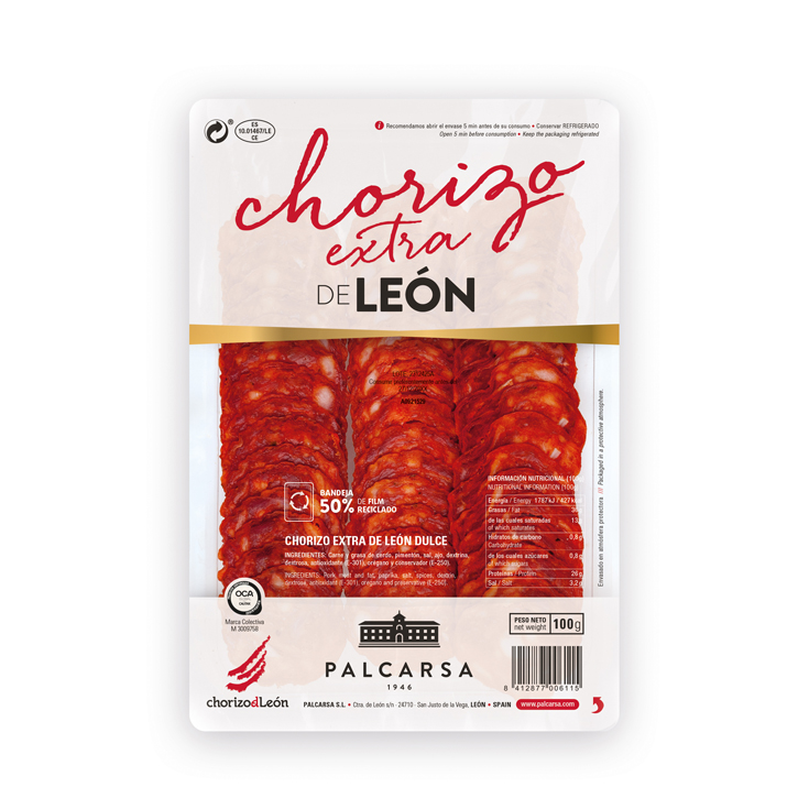 CHORIZO EXTRA DE LEON EN LONCHAS, 100G PALCARSA