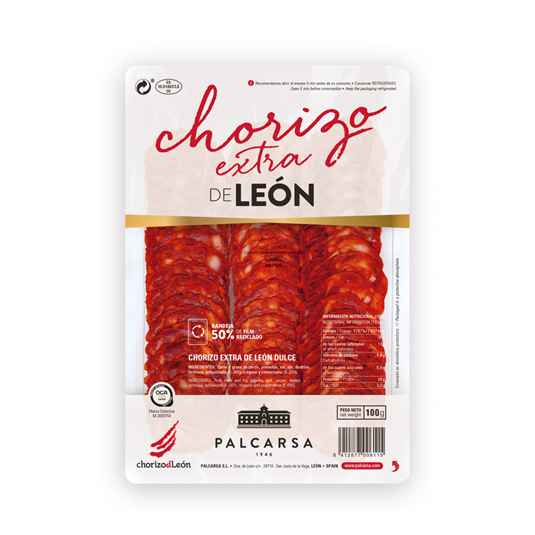 CHORIZO EXTRA DE LEON EN LONCHAS, 100G PALCARSA