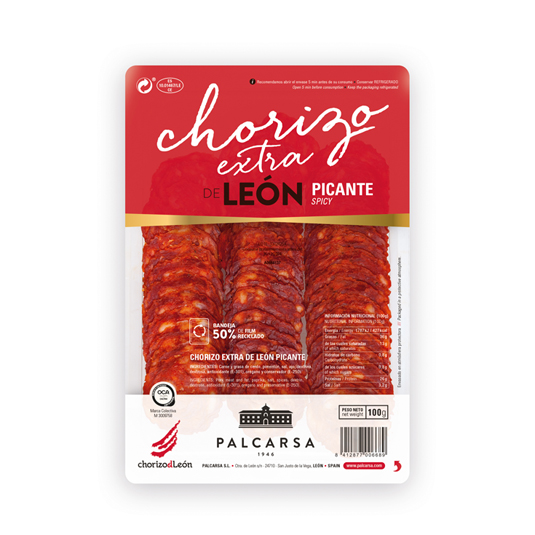 CHORIZO PICANTE DE LEON EN LONCHAS, 100G PALCARSA