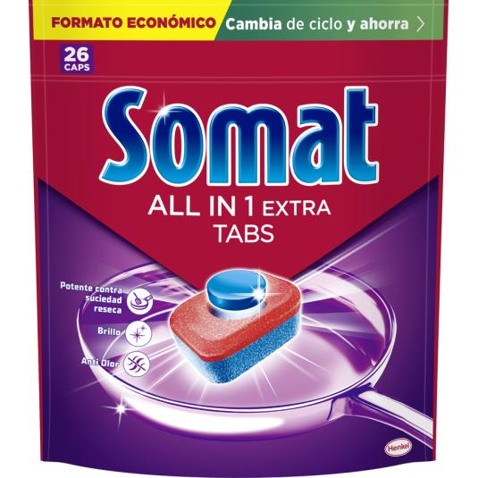 DETERGENTE LAVAVAJILLAS TODO EN 1, 26PASTILLAS SOMAT