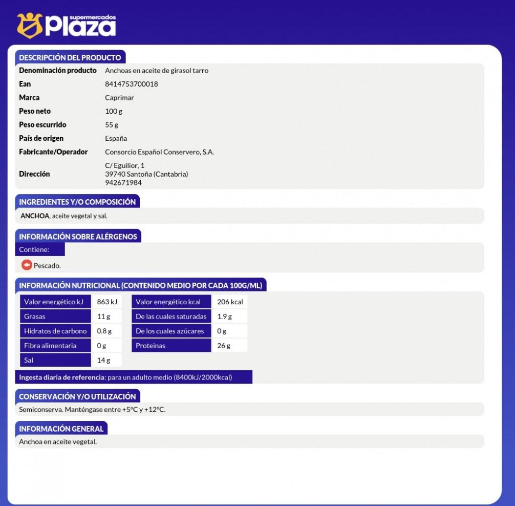 ANCHOAS EN ACEITE TARRO, 55GR CAPRIMAR