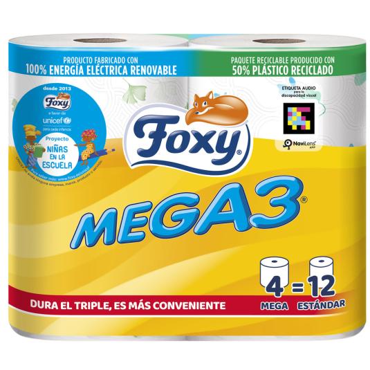 PAPEL HIGIENICO MEGA3 TRIPLE ROLLO, 4 ROLLOS FOXY
