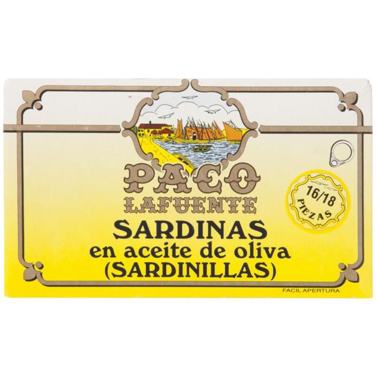 SARDINILLAS ACEITE OLIVA 16-18 PIEZAS, 85G PACO LAFUENTE