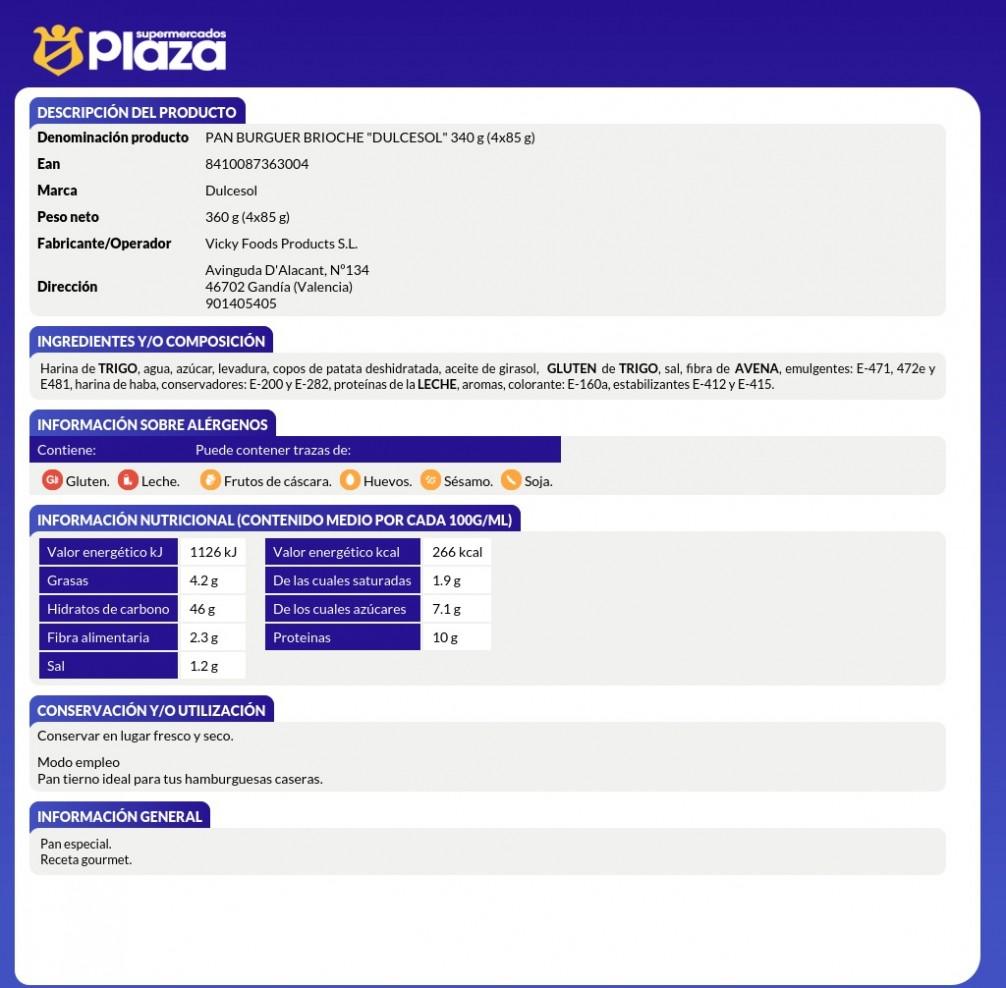 PAN BRIOCHE DE HAMBURGUESA, 4UNID DULCESOL