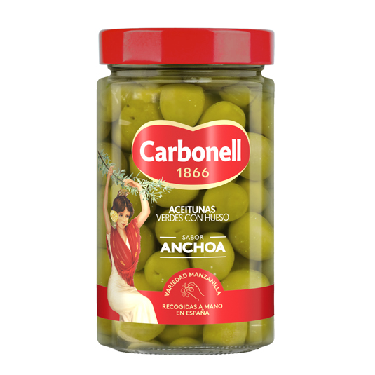 ACEITUNAS CON HUESO SABOR ANCHOA, 400G CARBONELL