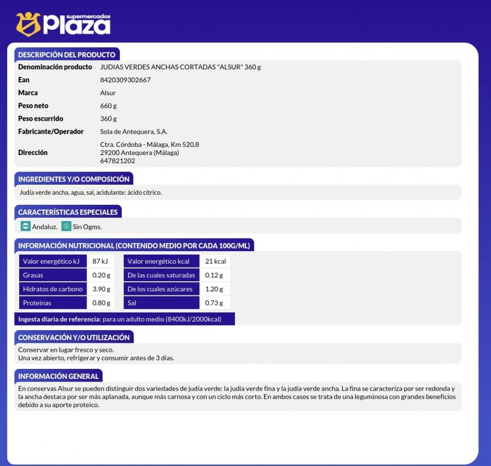 JUDIAS VERDES ANCHAS CORTADAS, 360GR ALSUR