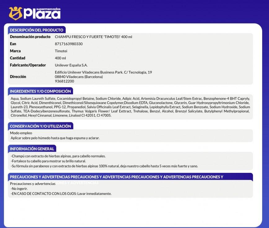 CHAMPU FRESCO Y FUERTE ,400 TIMOTEI