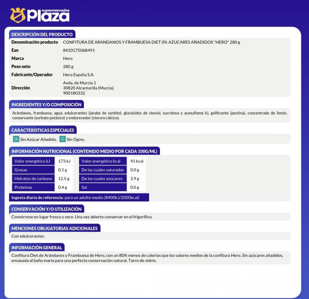 CONFITURA 0% AZUCAR ARANDANOS, 280GR HERO