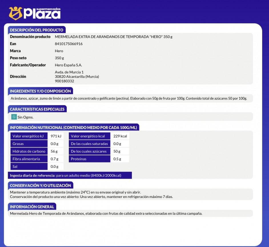 MERMELADA DE ARANDANOS TEMPORADA, 350GR HERO