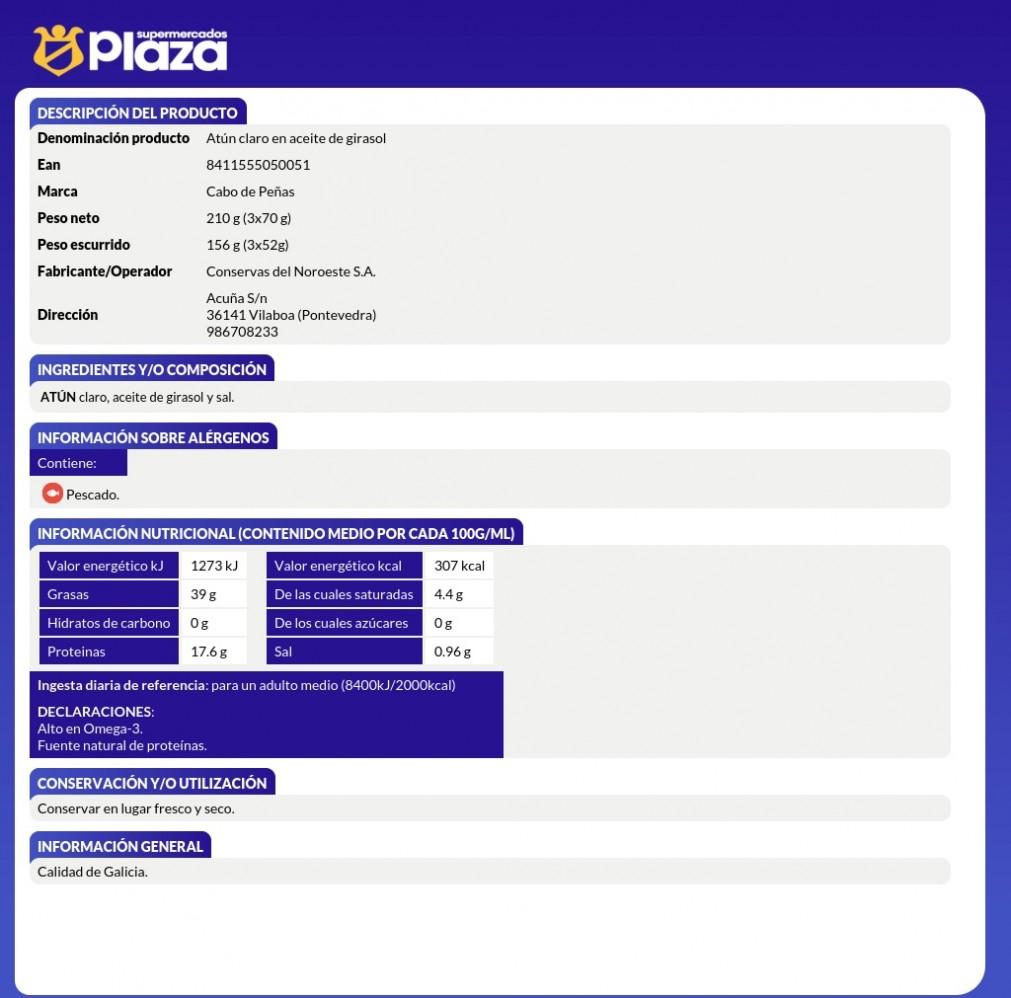 ATUN CLARO EN ACEITE DE GIRASOL, 3X52GR CABO DE PEÑAS