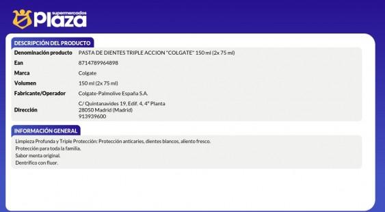 PASTA DE DIENTES TRIPLE ACCION, 2X75ML COLGATE