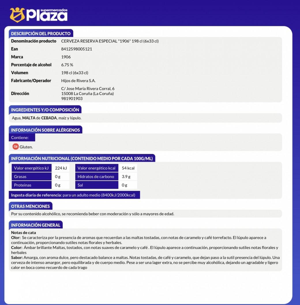 CERVEZA 1906 RESERVA, 6X330ML ESTRELLA DE GALICIA