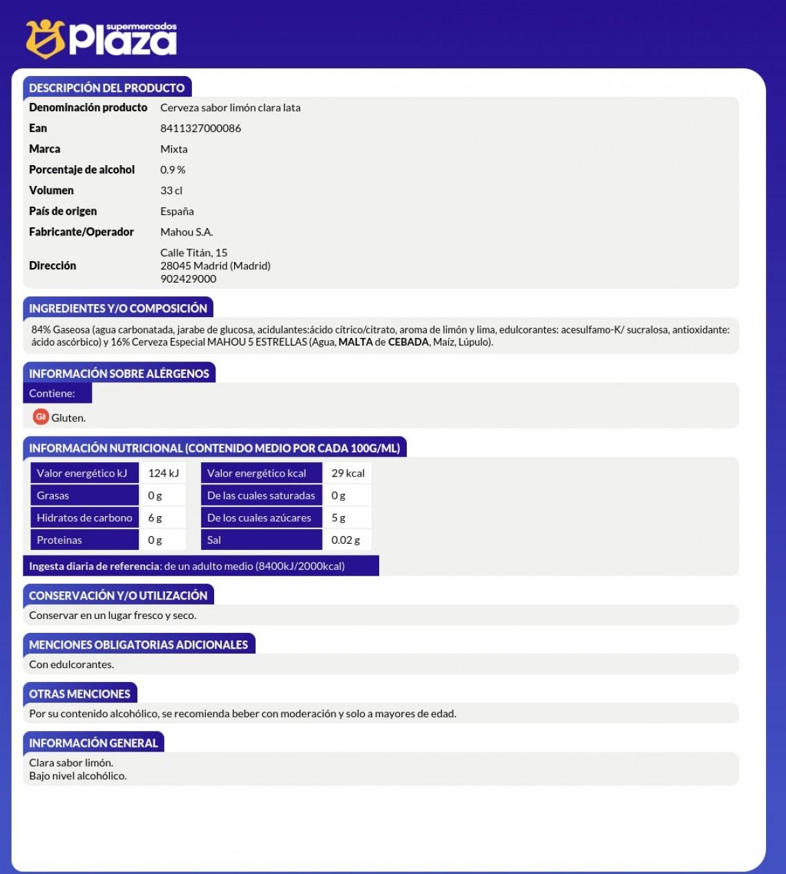 CERVEZA MIXTA, 330ML MAHOU