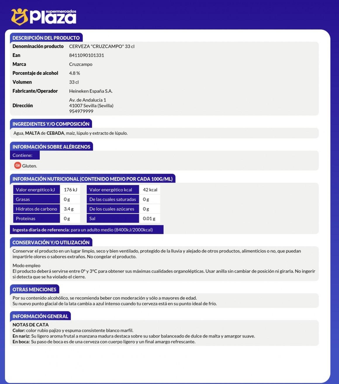 CERVEZA, 330ML CRUZCAMPO