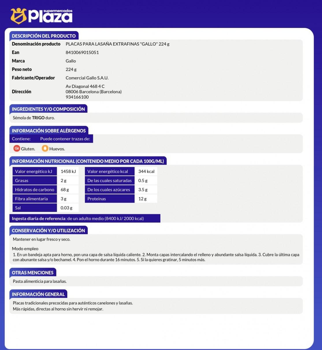 LASAÑA AL HORNO, 224GR GALLO