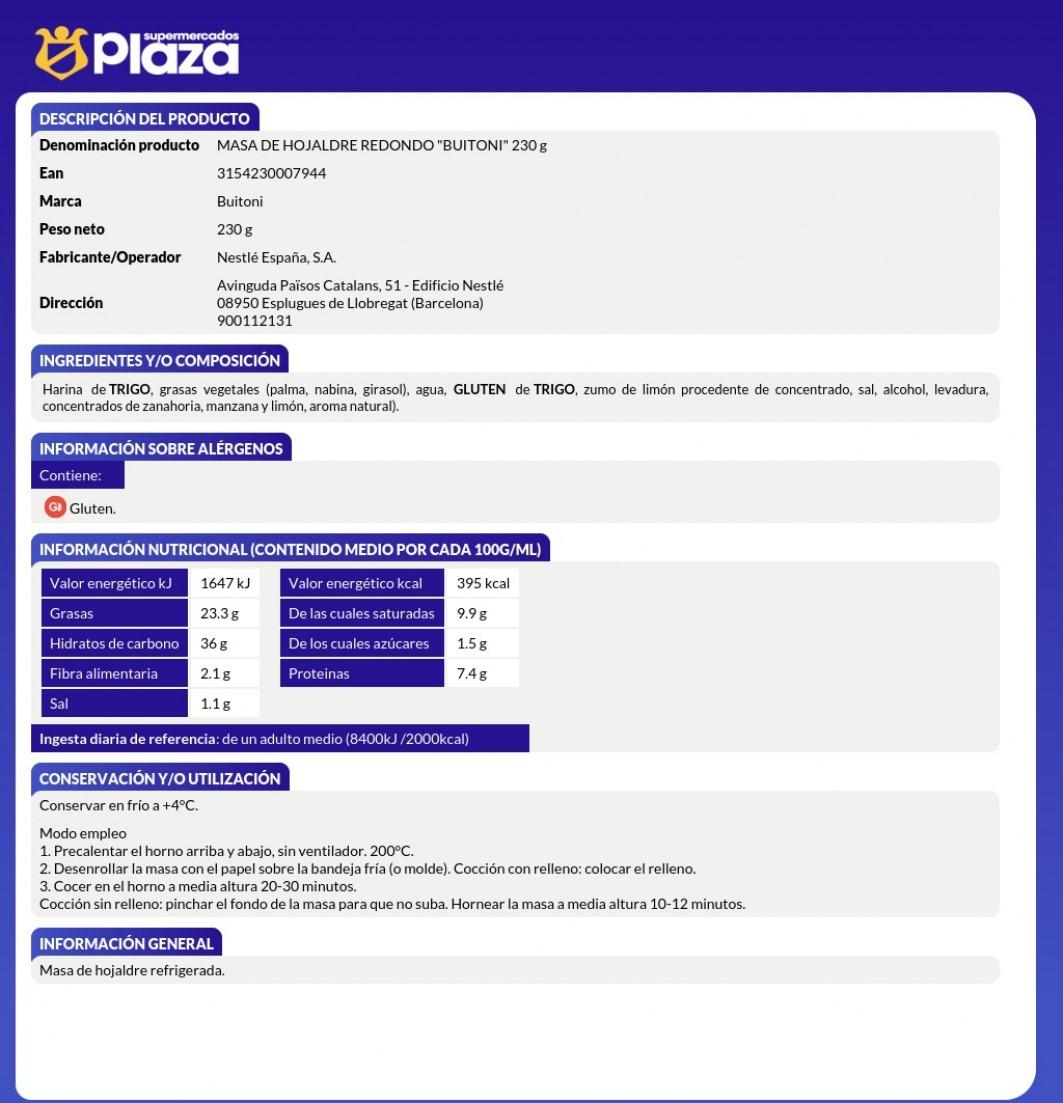 MASA DE HOJALDRE REDONDO, 230G BUITONI