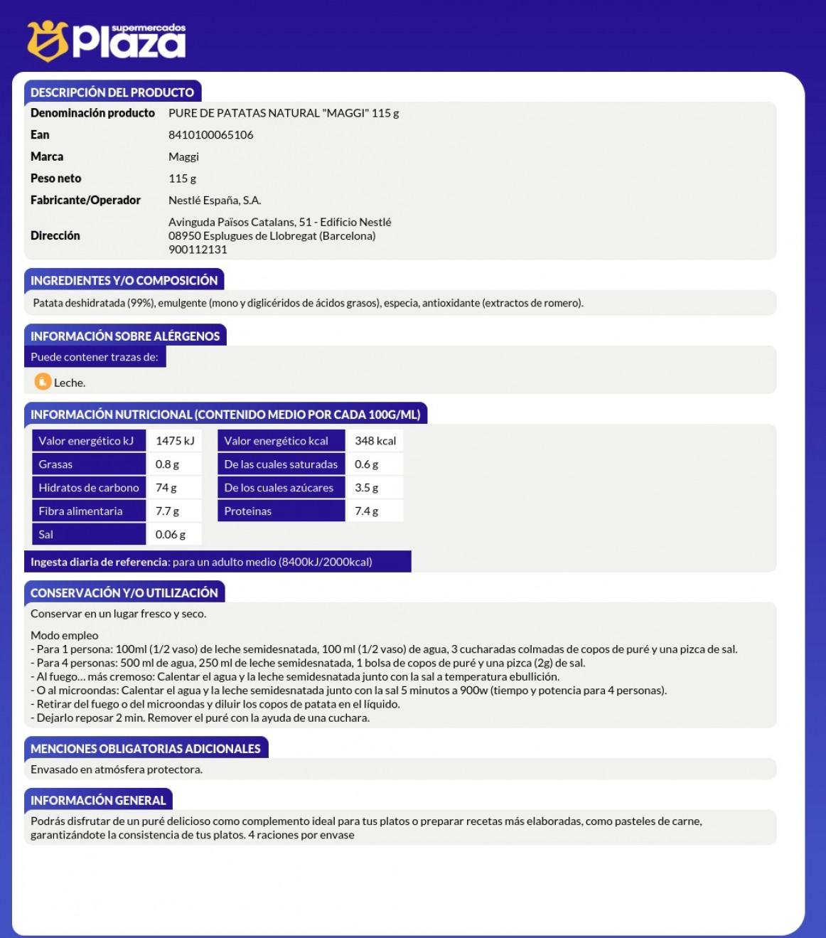 PURE DE PATATA, 115GR MOUSLINE