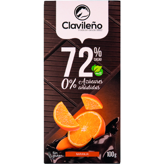 CHOCOLATE NEGRO 72% Y NARANJA SIN AZUCAR, 100GR CLAVILEÑO