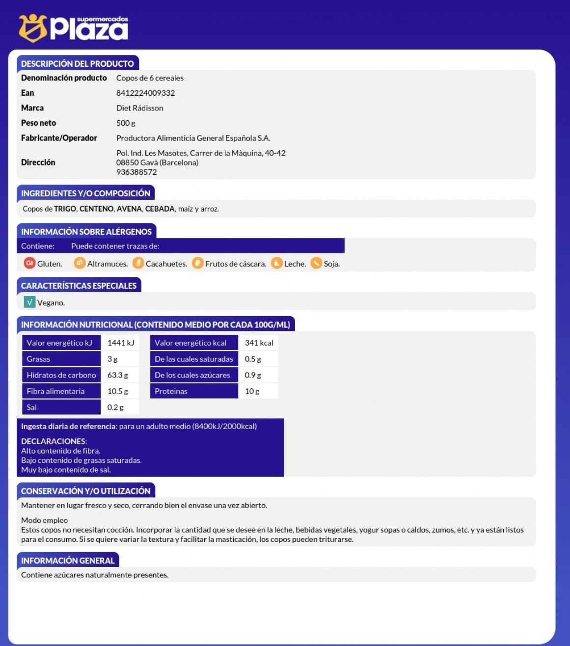 COPOS SEIS CEREALES , 500G DIAT RADISSON