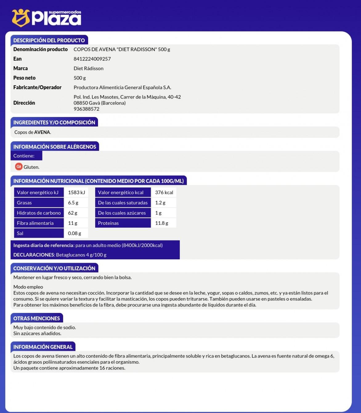 COPOS DE AVENA , 500G DIAT RADISSON