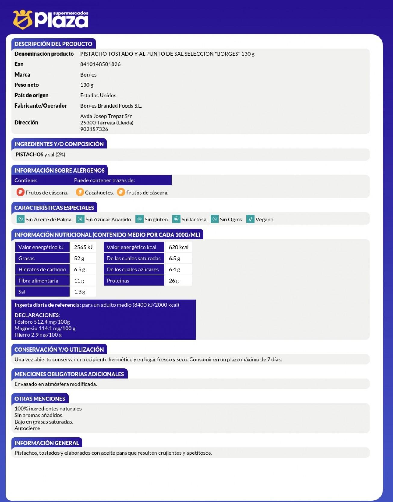PISTACHOS TOSTADOS CON SAL, 130GR BORGES