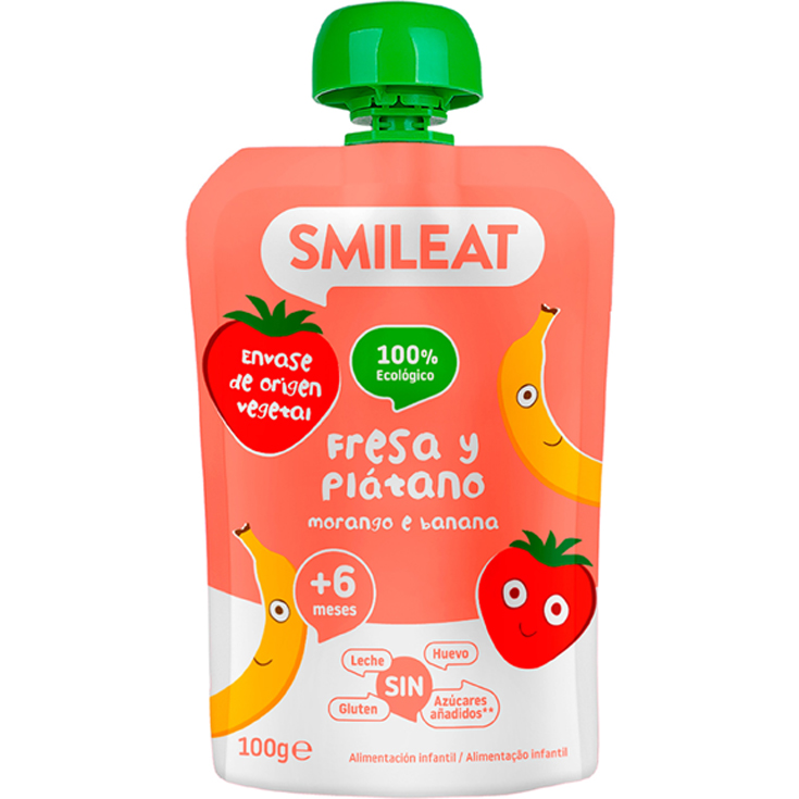 POUCH FRESA Y PLATANO ECOLOGICO, 100GR SMILEAT