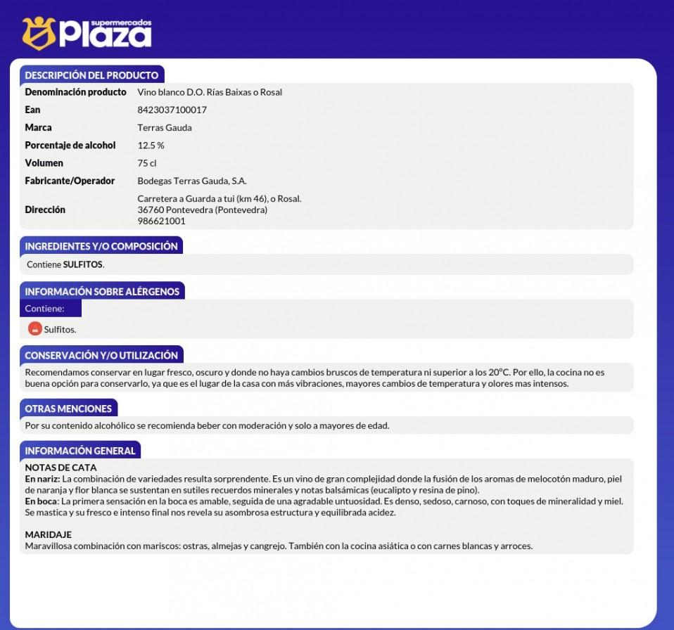 VINO BLANCO ALBARIÑO DO RIAS BAIXAS, 750 TERRAS GAUDAS 