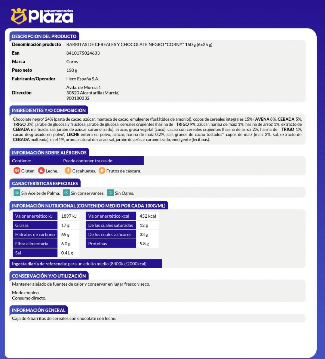 BARRITAS CEREALES CHOCOLATE NEGRO, 6X23G CORNY