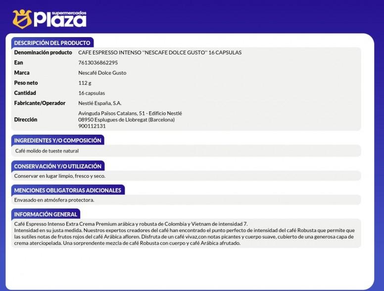 CAPSULAS DE CAFE ESPRESO INTENSO, 16 CAP DOLCE GUSTO